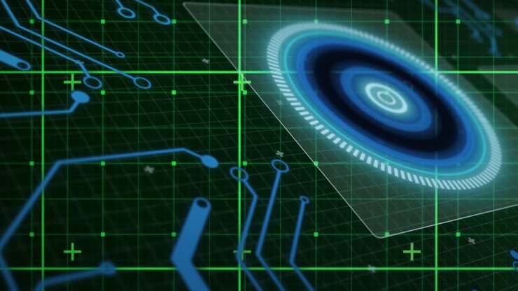 Animation of illuminated circles in square over circuit board pattern against abstract background