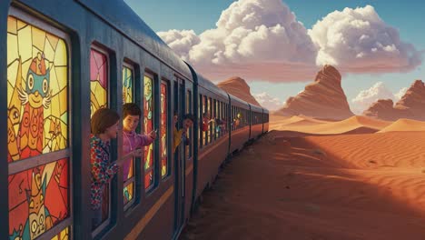 a colorful train journey through a desert landscape with vibrant stained glass windows and joyful passengers wave in an enchanting fantasy setting