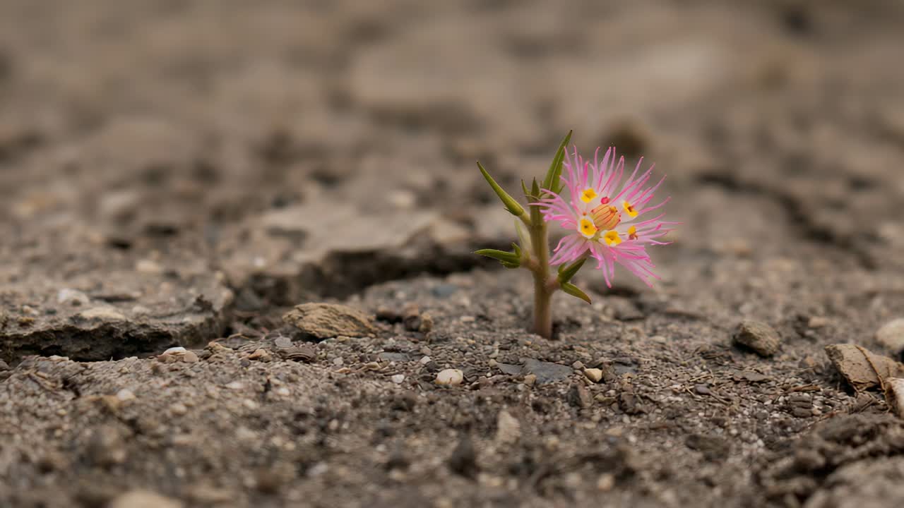 Mostra pianta con petali a filamento rosa e minuscoli boccioli che si spostano dopo lo spostamento della camera su terreno screpolato