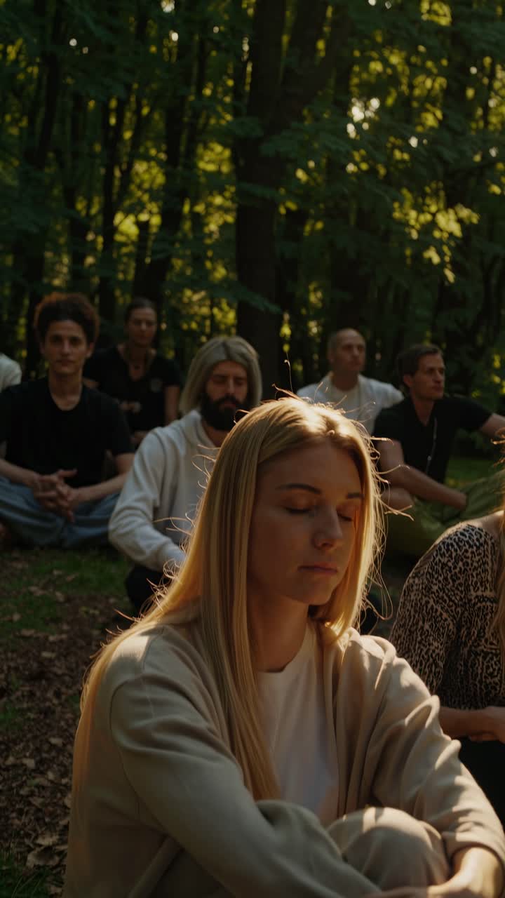 Video still of people in a sunlit forest, captured from a low angle