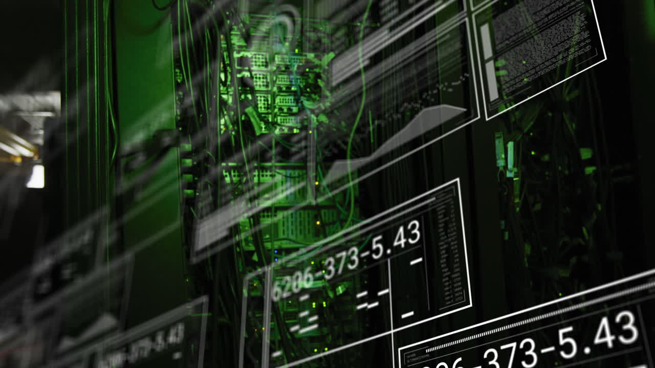 Digital animation of multiple digital icons floating against data processing on black background