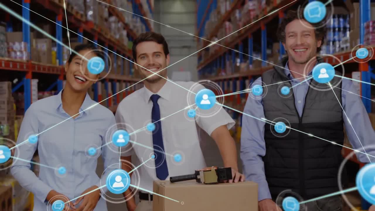 animación de la red de conexiones con iconos sobre diversos trabajadores en el almacén