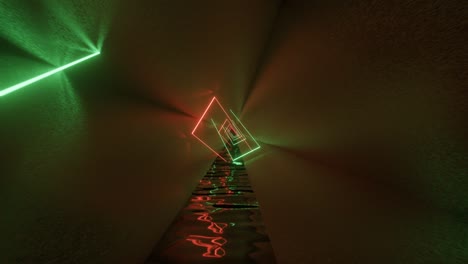 túnel metálico con luces de neón verdes y rojas. gráfico de movimiento en bucle sin costuras fondo animado mínimo