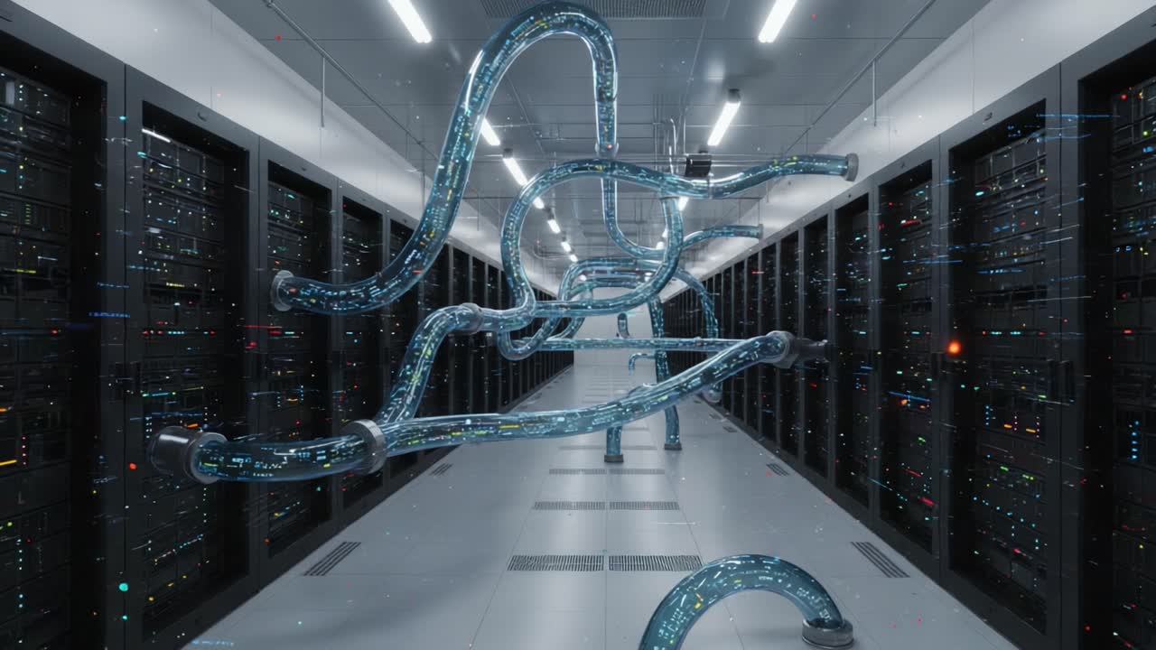 Futuristic Data Flow: A Visual Exploration of Abstract Pipe Structures Amidst Advanced Server Technology in a High-Tech Digital Environment