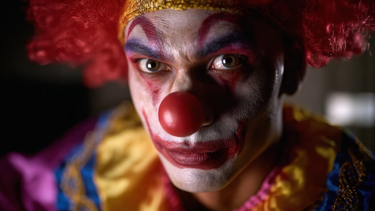 A Closer Look at a Colorful Clown With a Distinct Red Nose and Dramatic Makeup Capturing an Intense Expression in a Dark Setting