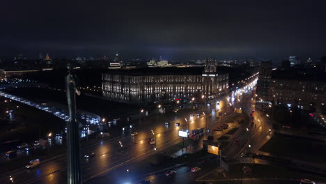 night moscow with leninsky avenue and gagarin monument aerial