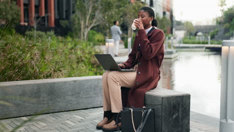 woman working on her laptop with a coffee break