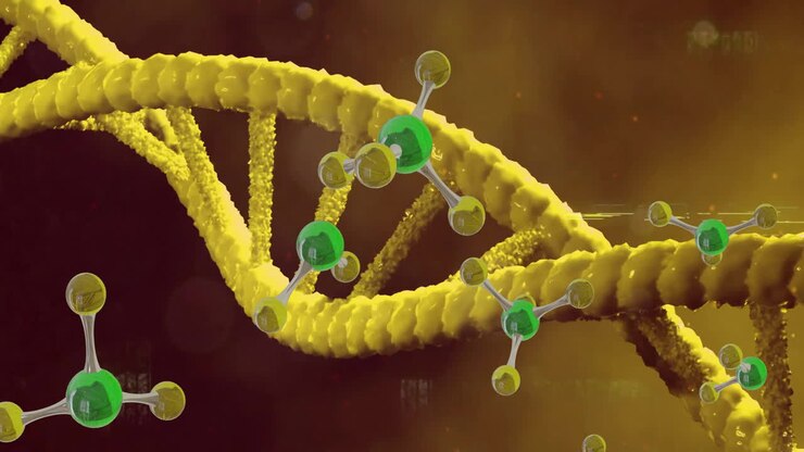 Animation of dna strand spinning and molecules on yellow background