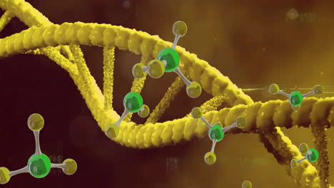 animation of dna strand spinning and molecules on yellow background