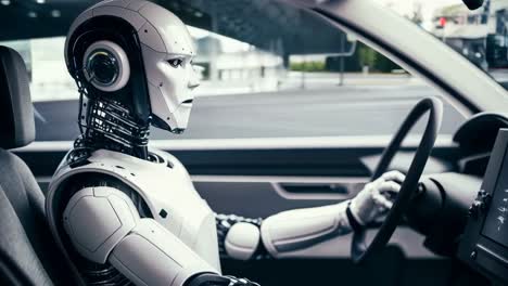 a robot sitting in the driver's seat of a car