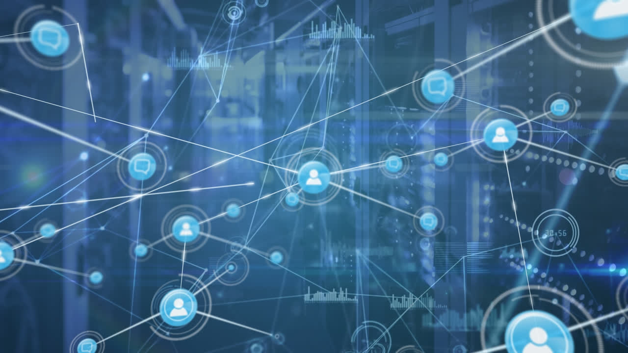 animación de la red de conexiones con iconos sobre servidores