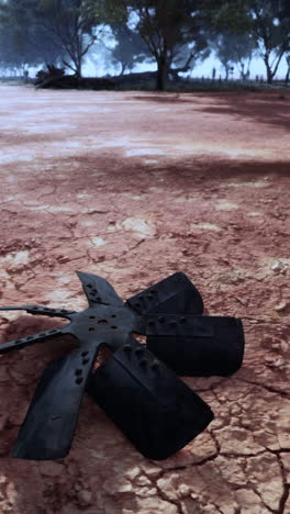 a black fan blade lies on cracked earth in a dusty desert