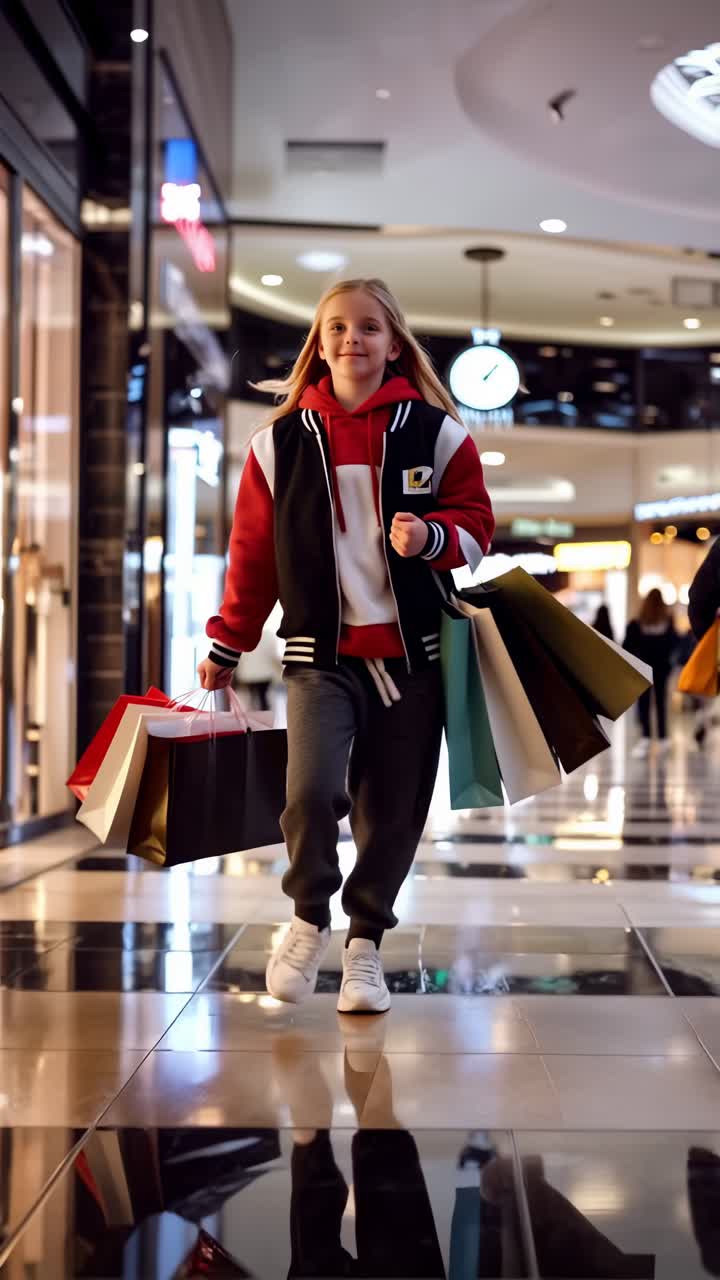 A girl is walking through a mall with shopping bags in her hands