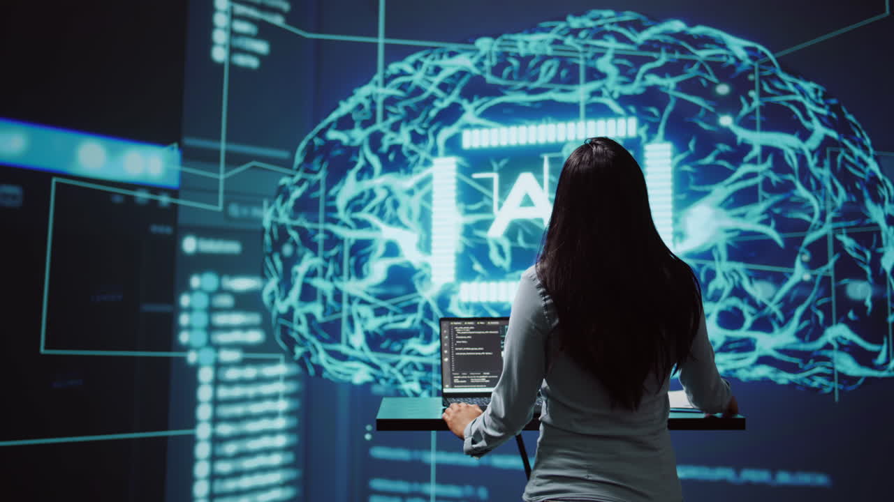 Woman working on laptop in cutting edge workspace featuring AI systems