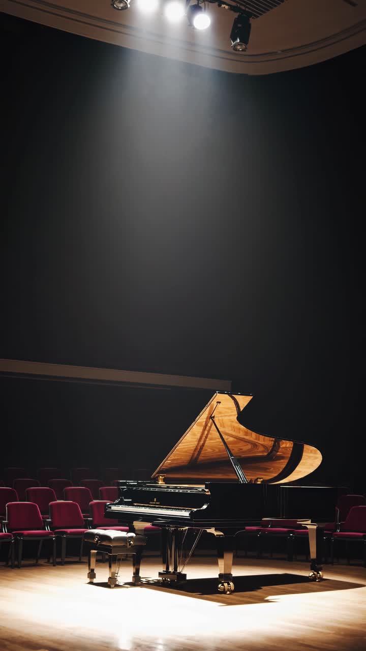 A grand piano on stage under spotlight, captured from a low angle