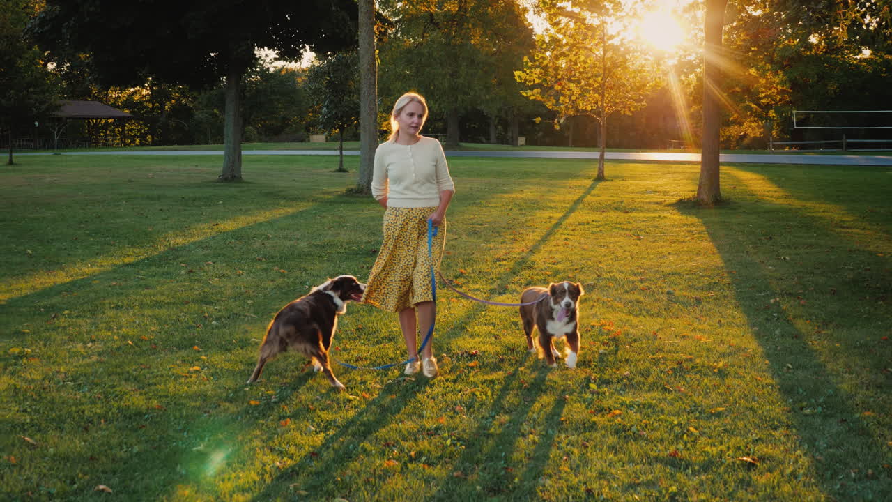 paseo de otoño en el parque con dos mascotas mujer paseando a sus perros