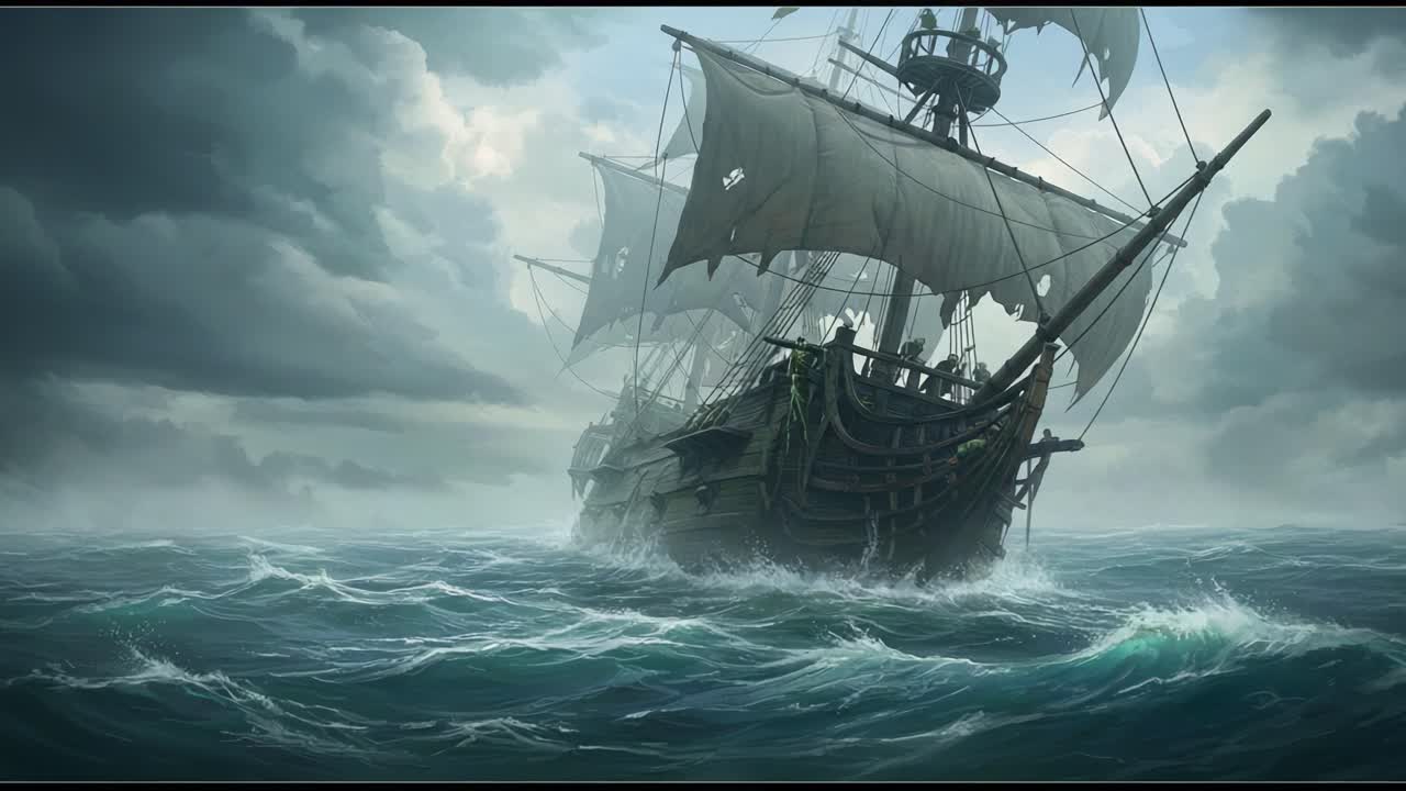 A Majestic Pirate Ship Navigating Through Stormy Seas Under Dark Skies, Capturing the Essence of Adventure and Mystery in a Colorful and Vibrant Scene
