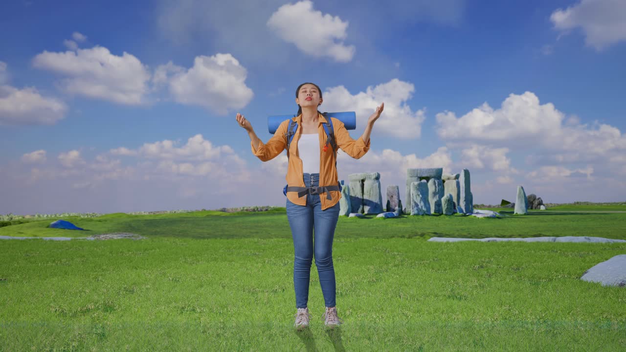 Full Body Of Asian Female Hiker With Mountaineering Backpack Spreading Arms Enjoy Looking The View Around While Traveling In Stonehenge
