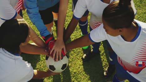 high angle view of female soccer team clasping hands 4k