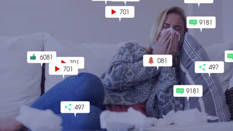 Sneezing woman on couch with animation of social media notifications popping up