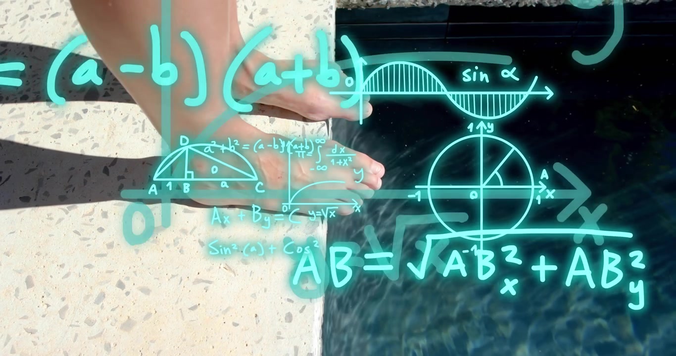 Woman shifting on pool deck causing turquoise math diagrams overlaying water educating designers