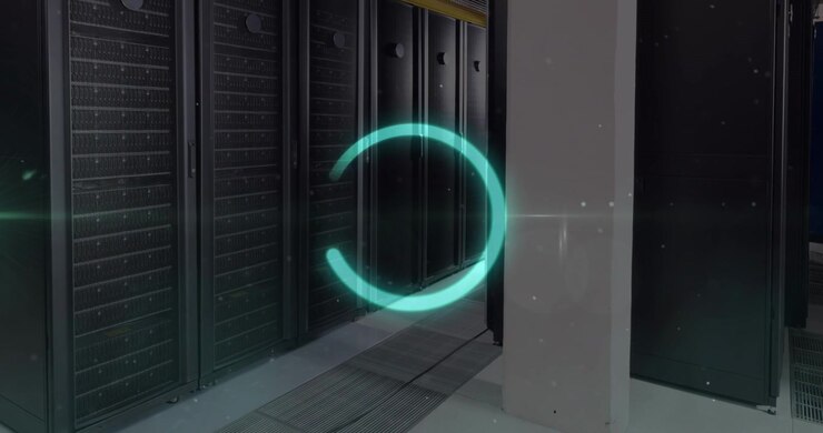 Animation of loading circle and spots over server room