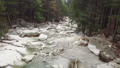 aerial view of a serene river flowing through a rocky forest