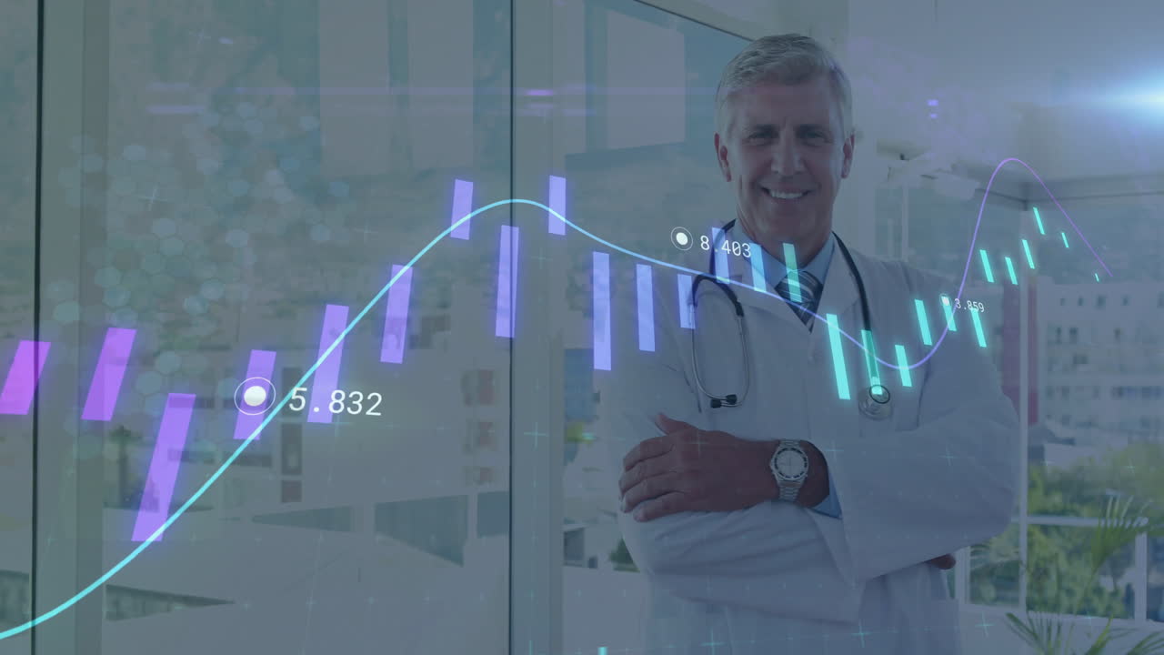 Standing confidently, doctor analyzing financial data animation in medical office