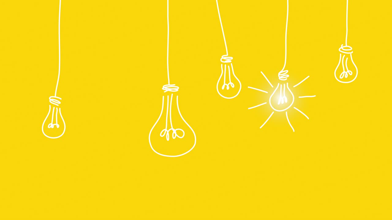 Hanging lightbulbs on yellow background in 4k video.