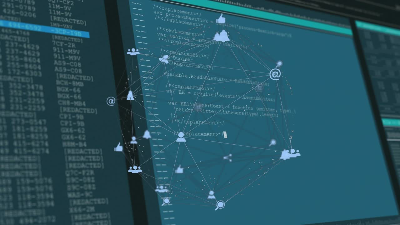 Code scrolling initiating network graph emerging and rotating over monitors for live data analysis
