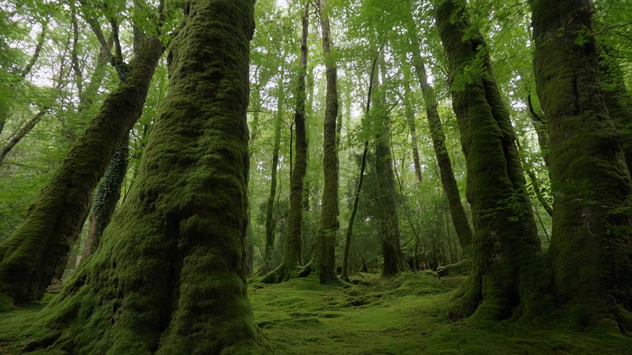 Interior de bosque musgoso con enormes troncos de árboles que se elevan a través de un denso follaje verde, suave cubierta vegetal en el suelo y luz diurna filtrada desde el alto dosel, creando una perspectiva profunda, aire fresco y húmedo, y tranquilidad.