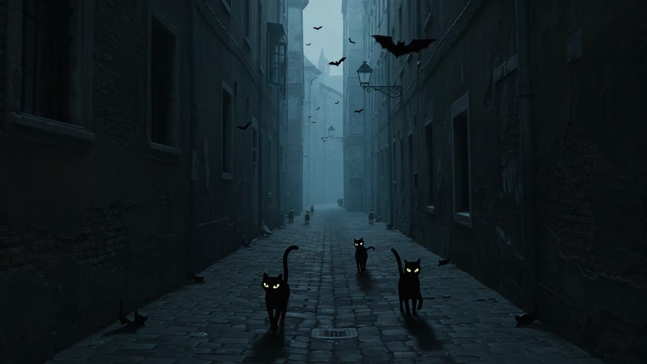 Un vicolo misterioso al crepuscolo con gatti neri e pipistrelli che creano un'atmosfera inquietante tra nebbia e ombre.