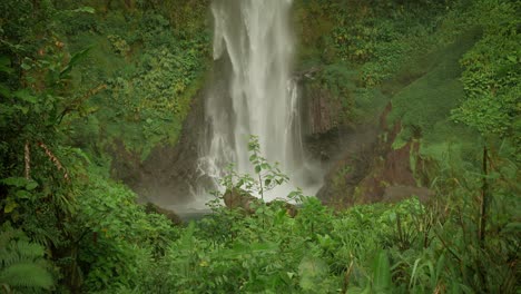 powerful water from la muralla waterfall splashing on rocks in lush green valley