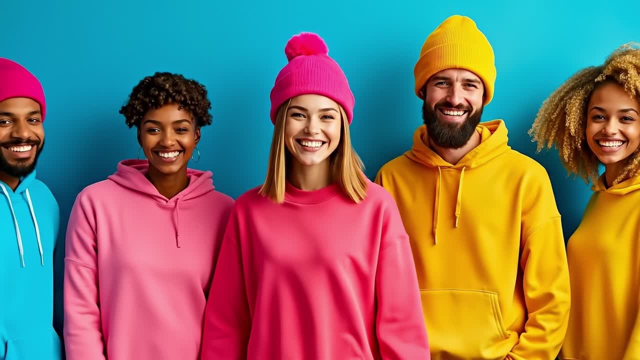 A group of people in colorful hoodies and hats posing for a picture