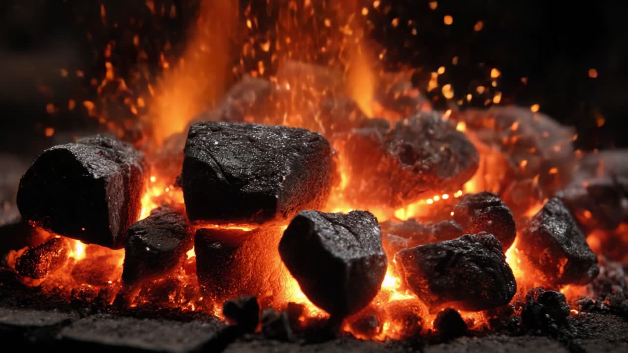 Tanzende Flammen und glühende Funken: Ein Einblick in die Intensität brennender Kohlen, der die rohe Kraft und ästhetische Schönheit des Feuers in Bewegung einfängt