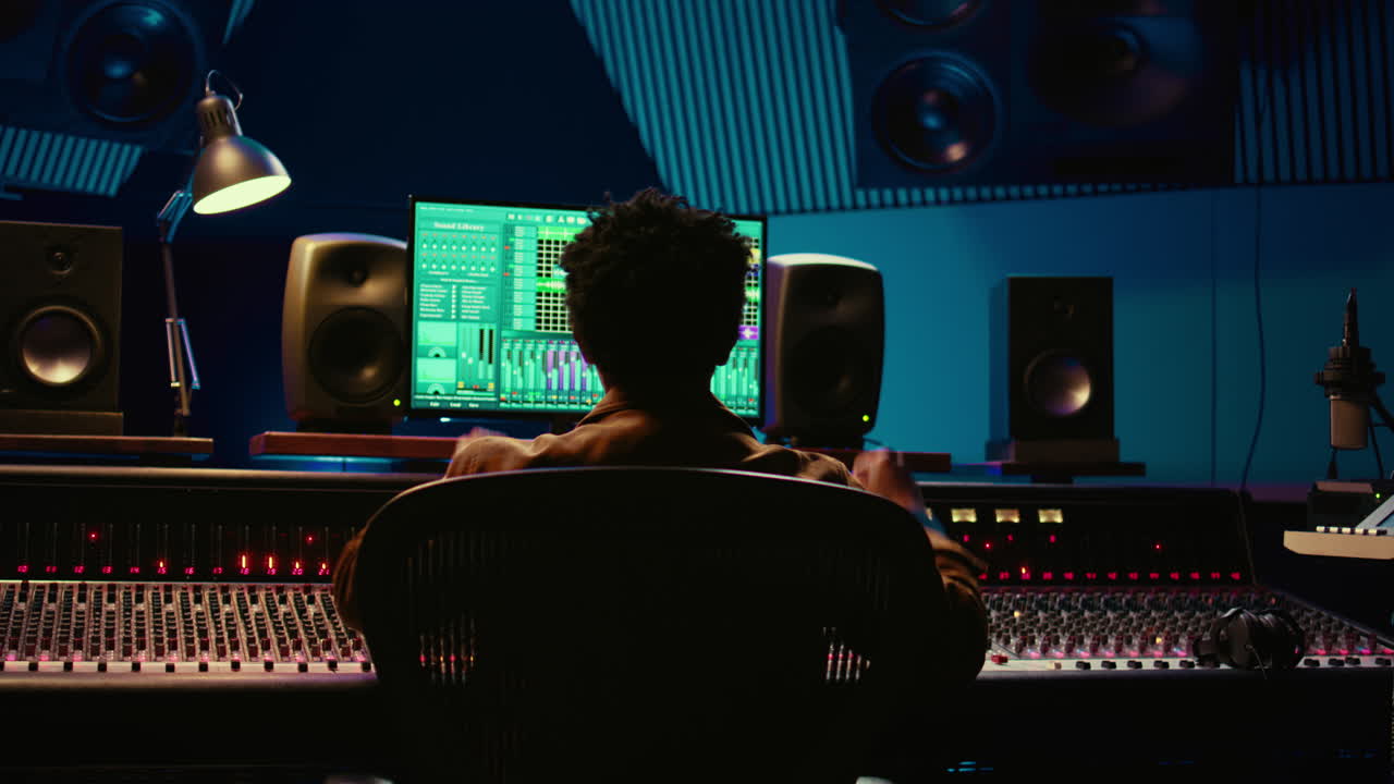 African american sound engineer feeling happy with his recorded song