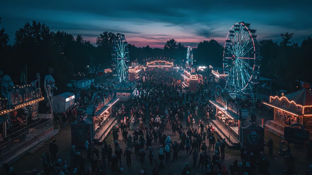 A Lively Night at the Carnival: Illuminated Rides and Crowds Gather Under a Stunning Twilight Sky Reshape a Magical Atmosphere in This Vibrant Festival Scene