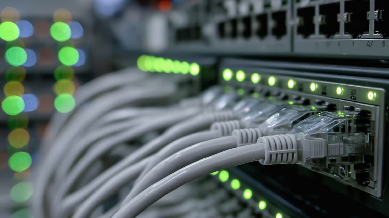 A Close-up Look at Networking Equipment with Cable Connections and LED Indicators Highlighting a Data Center's Infrastructure in Action