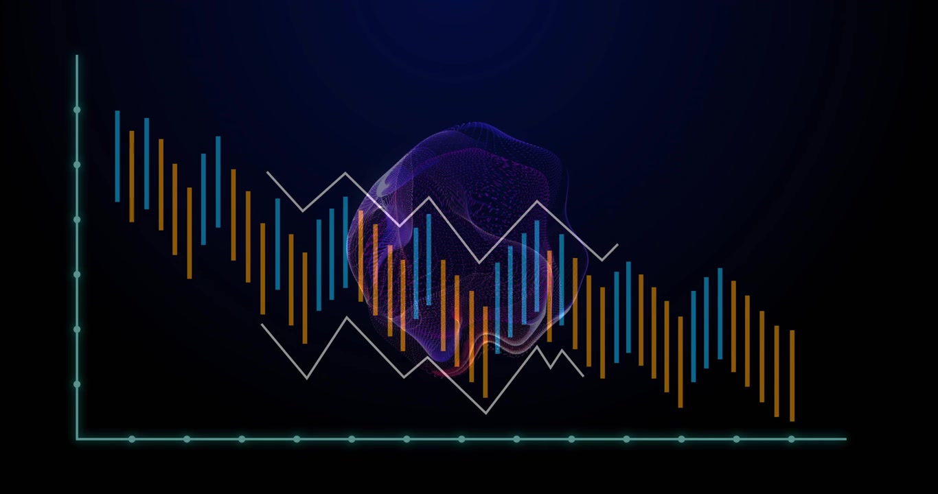 Purple mesh rotating bars appearing, cyan axes shifting bars and zigzag tracing peaks showing tech
