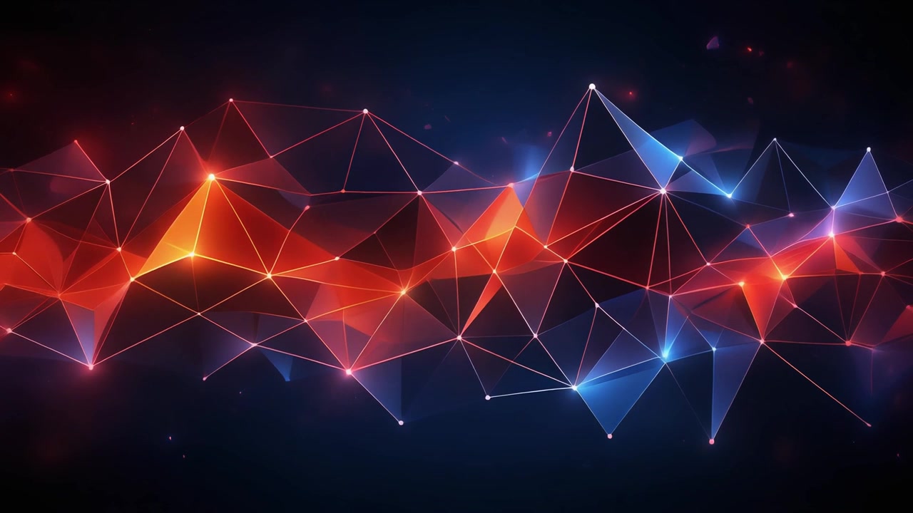 Abstrakt digital netværksbaggrund med glødende røde og blå geometriske forbindelser