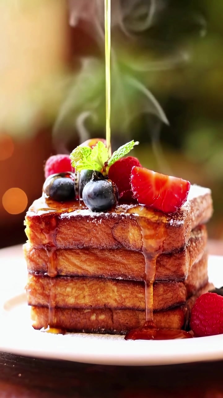 Sciroppo d'Acero che Cola su una Pila di French Toast con Frutti di Bosco Freschi
