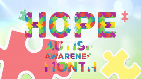 animación de piezas de rompecabezas coloridas que forman esperanza texto del mes de concienciación sobre el autismo en el cielo