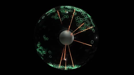bola de energía pulsante con líneas verde-naranja de neón sobre fondo negro