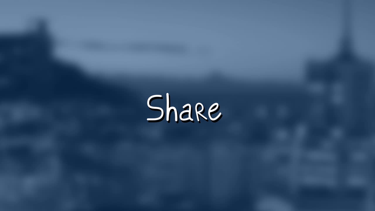 Animation of share text with arrows over out of focus cityscape