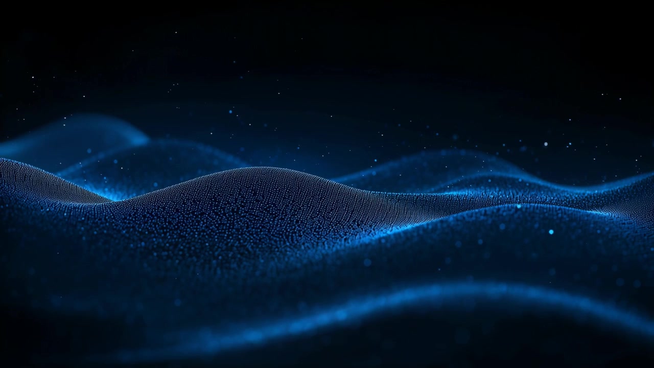 Frames starting waving blue particles shifting across black void with glow lines specks for depth