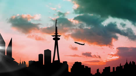 Animation of plane taking off over silhouetted modern cityscape with clouds at sunset on blue sky