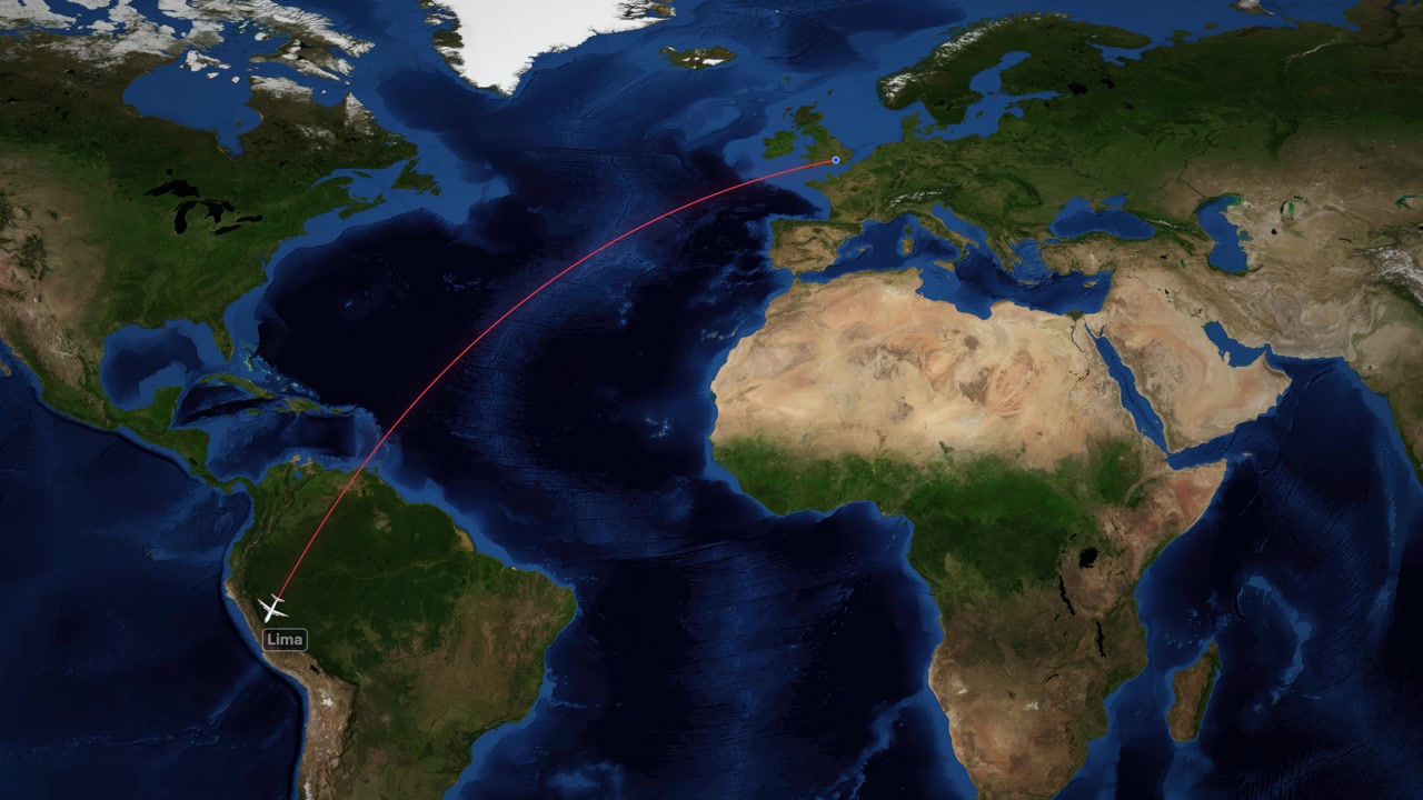 Animated Flight Path from London to Lima on World Map