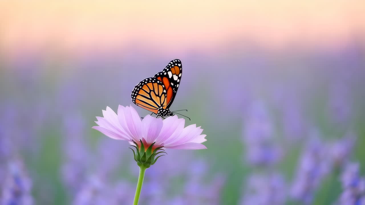 Farfalla monarca su un fiore di cosmo rosa