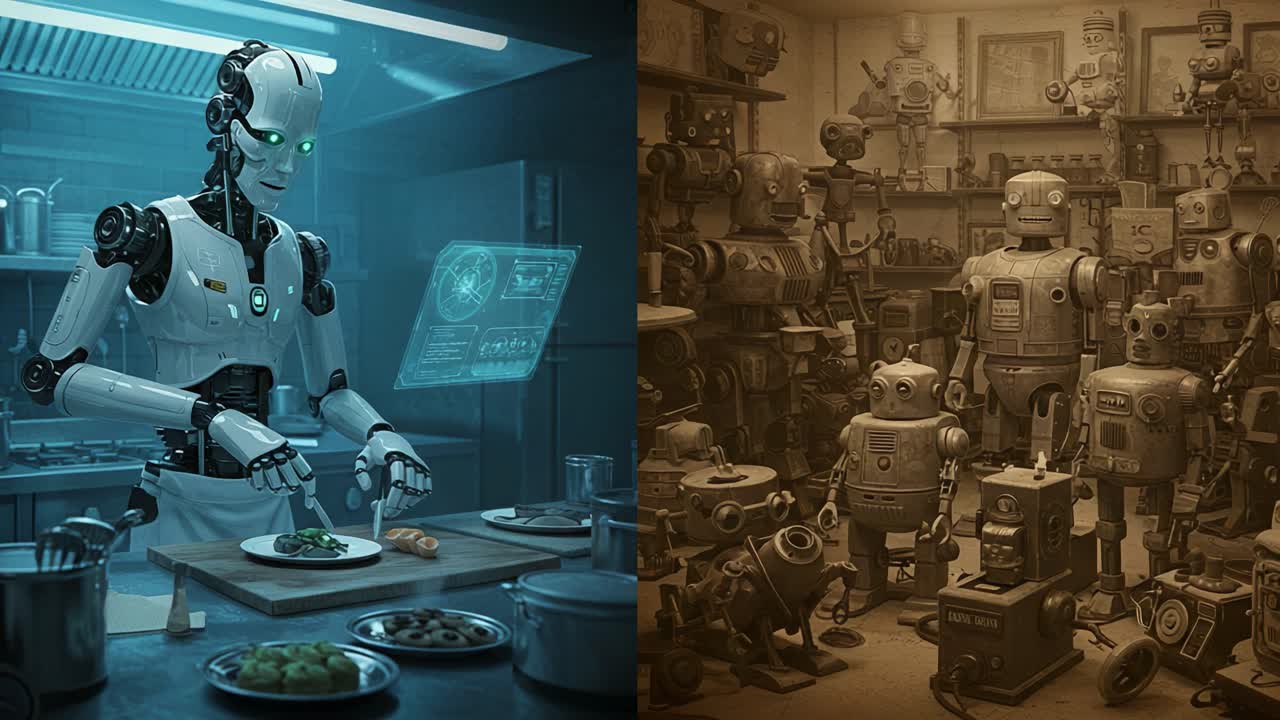 An Exploration of Robotics: A Futuristic Chef Preparing a Meal in a High-Tech Kitchen, Surrounded by a Gallery of Vintage Robots in Contrast