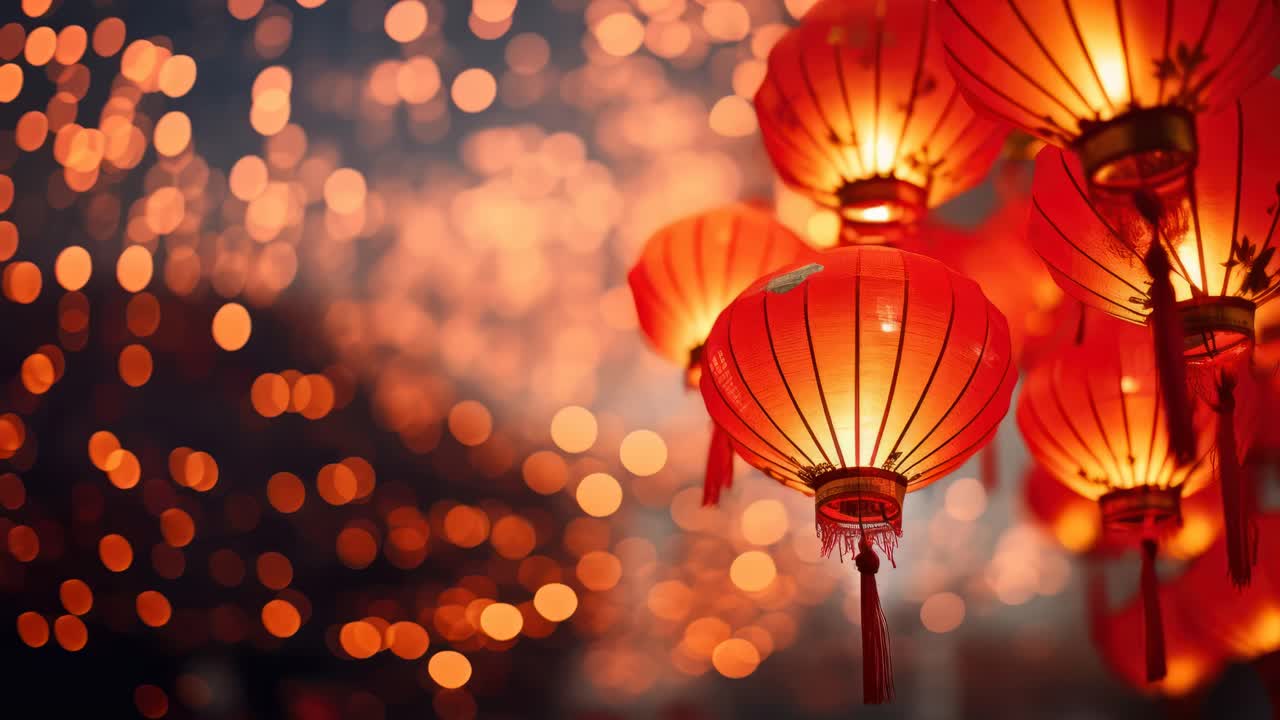 Warm, glowing lanterns in close-up, low-angle view, perfect for festive video backdrops